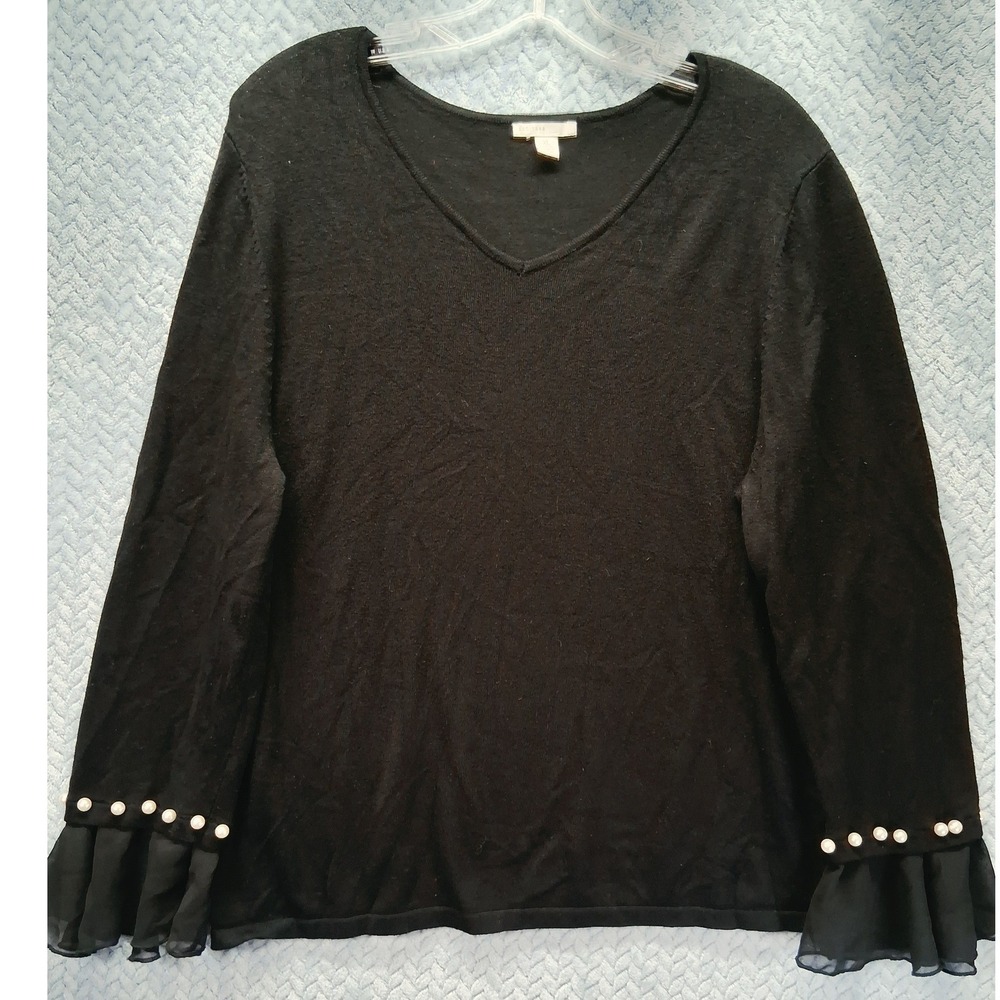 Est. 1946 Womens XL Black V-Neck Sweater Pearl Accent Chiffon Ruffle Cuff Sleeve